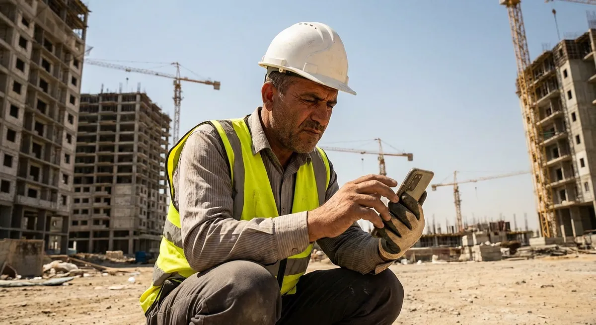 مهندس عمران عراقی در حال جستجوی آنلاین تامین‌کننده سنگ تراورتن در سایت ساختمانی بغداد.