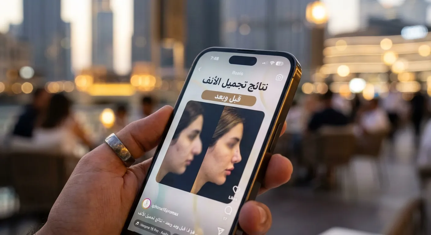 نمایش نتایج عمل بینی در اینستاگرام عربی روی گوشی آیفون در فضای لوکس دبی.