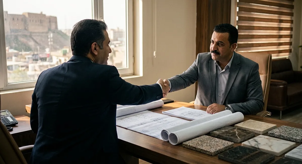 عقد قرارداد صادرات سنگ بین تاجر ایرانی و پیمانکار عراقی در اربیل پس از بازاریابی موفق.