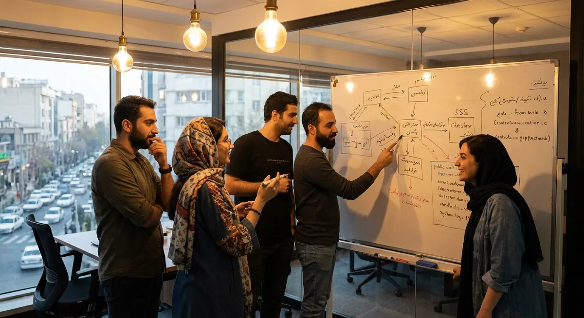 تیم توسعه نرم‌افزار ایرانی در حال طراحی معماری اپلیکیشن برای مشتریان خارجی و صادرات خدمات فنی مهندسی.